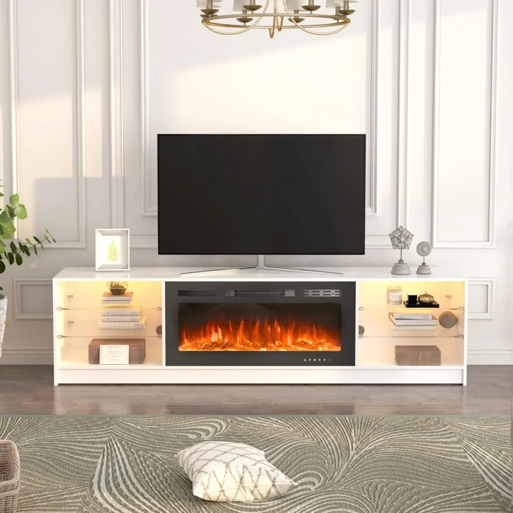 

79 inch fireplace TV cabinet, suitable for TV stations with a maximum 90 inch TV, adjustable glass frame, white