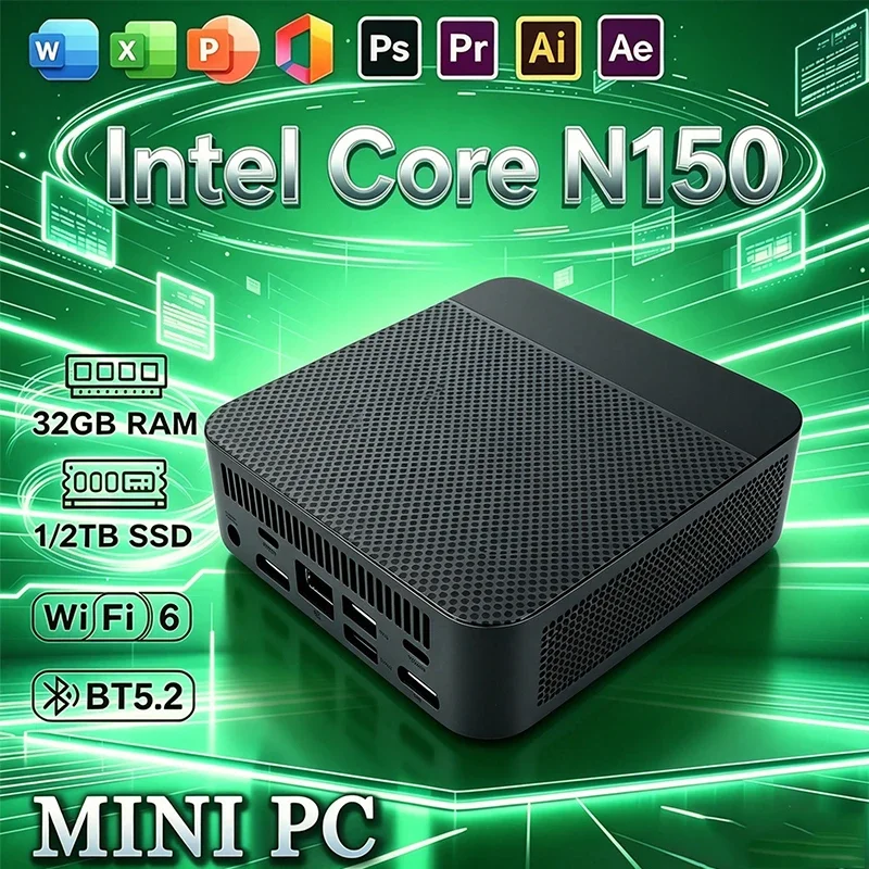Portable Mini PC Intel N150 Mini PC High‑Performance 32GB RAM 1TB 2TB SSD WIFI6 BT5.2 4K 60Hz HD Gaming Office Study PC