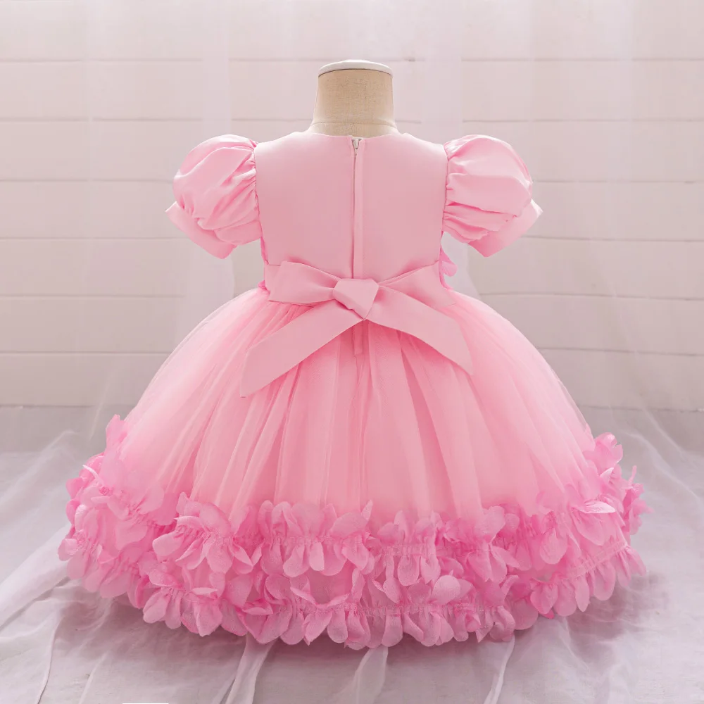 Cute Pink 1st Birthday Dress For Baby Girl Clothes Flower Princess Dress Girls Dresses Baptism Short Sleeve Party Gown 0-4Y