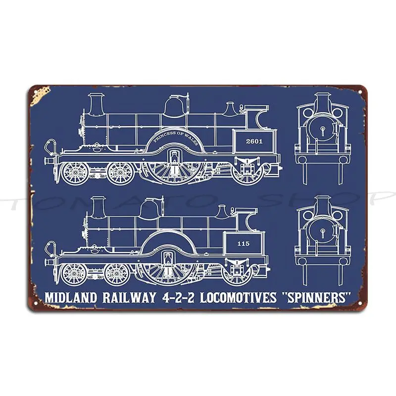 Midland Railway 4 2 2 Steam Locomotive 2601 115 Blueprint Diagrams Metal Sign Mural Cinema Pub Garage Create Tin Sign Poster