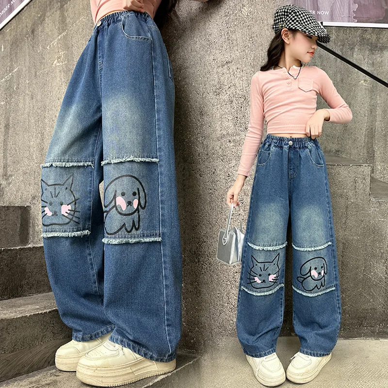 

Girls' Patchwork Printed Denim Pants, Printed Denim Wide-leg Pants, Spring/Autumn Denim Long Pants, Youth Casual Pants