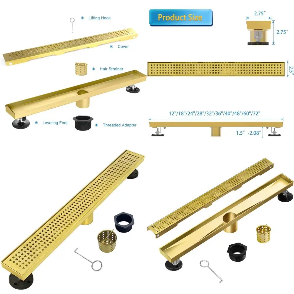 

28 Gold Linear Shower Drain, Brushed Stainless Steel, Removable Grate, Hair Strainer, Adjustable Feet