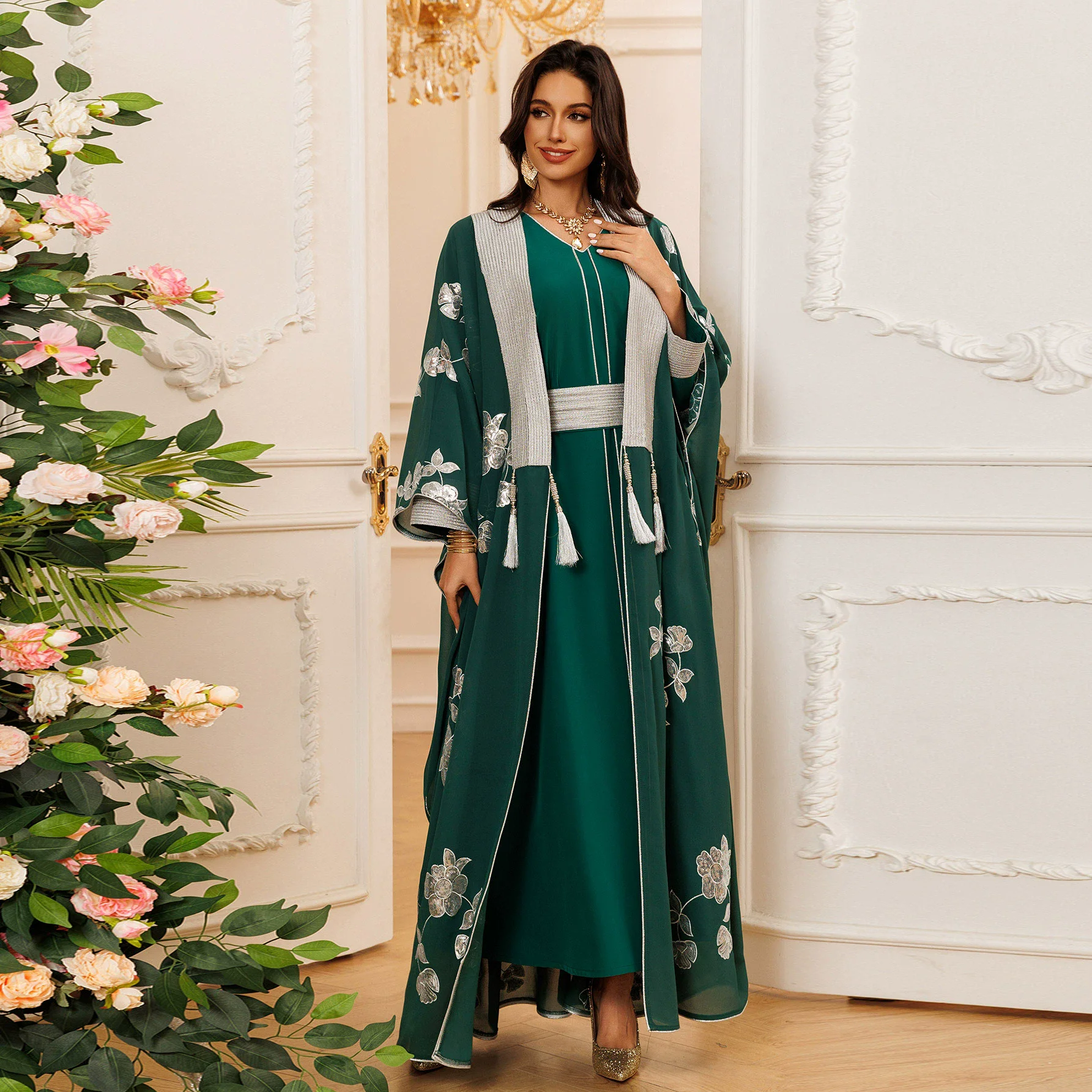 Eid Muslim Dress for Women Ramadan Jalabiya Party Long Dresses Embroidery Robe 2 Piece Set Dubai Abayas Kaftan Vestidos Larg