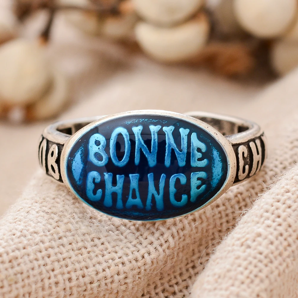 Hot Sell Elegant Colored Drop Glaze Bonne Chance Letter Thai Silver Female Party Ring Jewelry For Women New Year Gifts