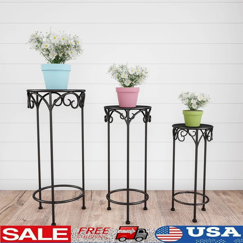 

Set of 3 Indoor Outdoor Plant Stands Metal Flower Display Rust Resistant Wrought Iron Inspired Design Lightweight Decorative