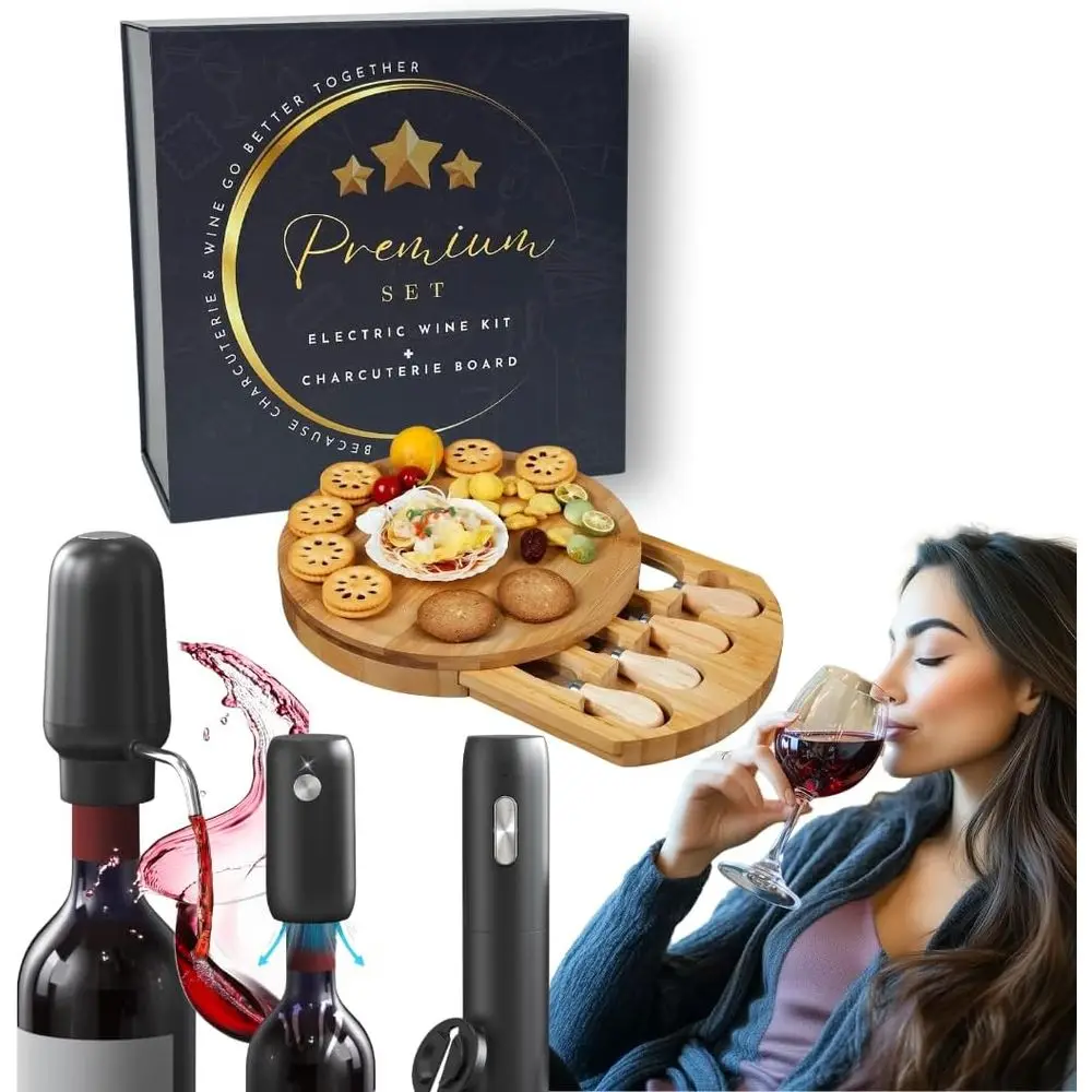 

Набор электрических открывалок для вина с функцией подзарядки - включает нож для вина, аэратор-дозатор, электрический вакуумный стоппер, разделочную доску для закусок.