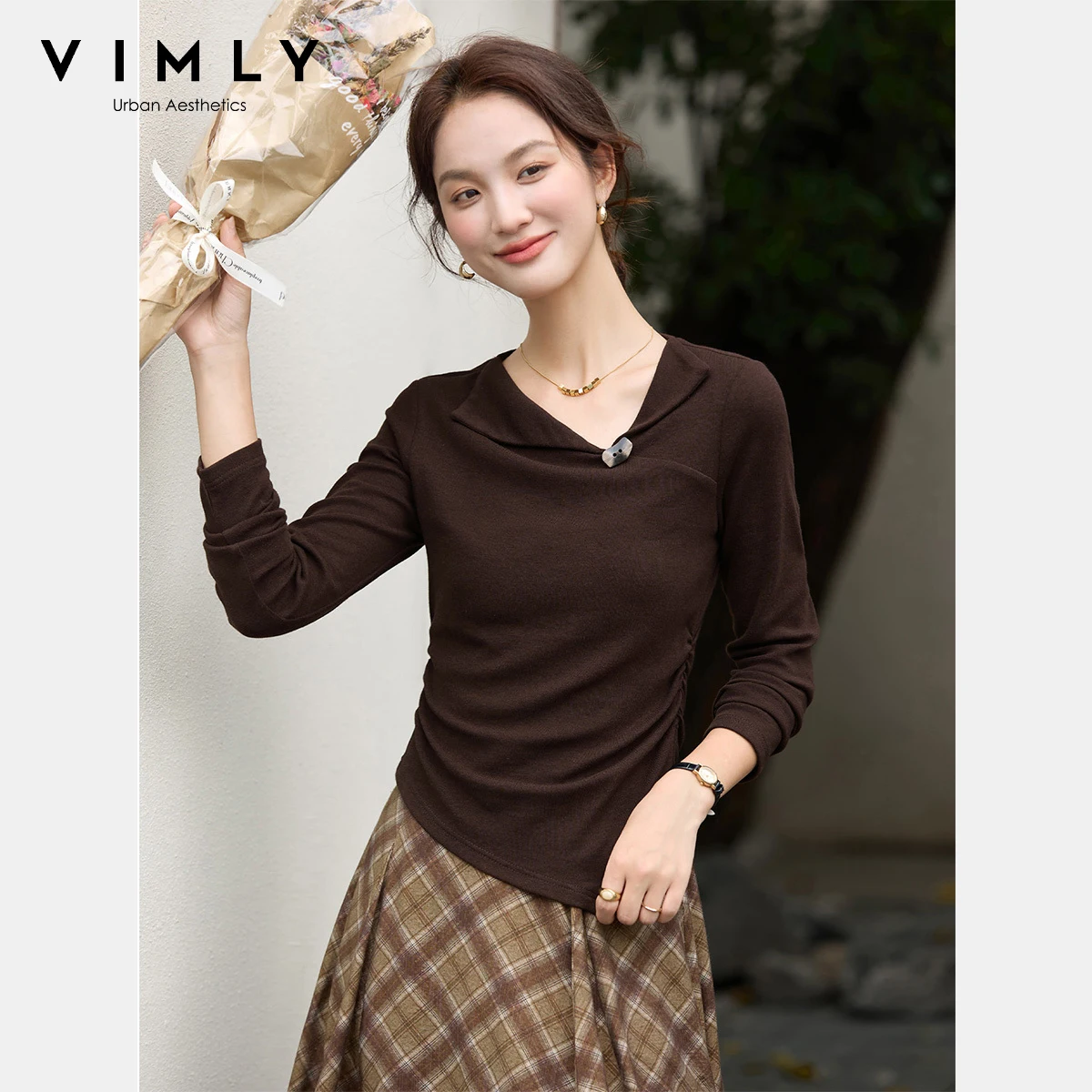 

VIMLY Women's Brown Slim Fit Tops Casual Long Sleeve Asymmetric Collar T-Shirts Autumn 2025 Folds Fashion Knit Lady Tees A3293