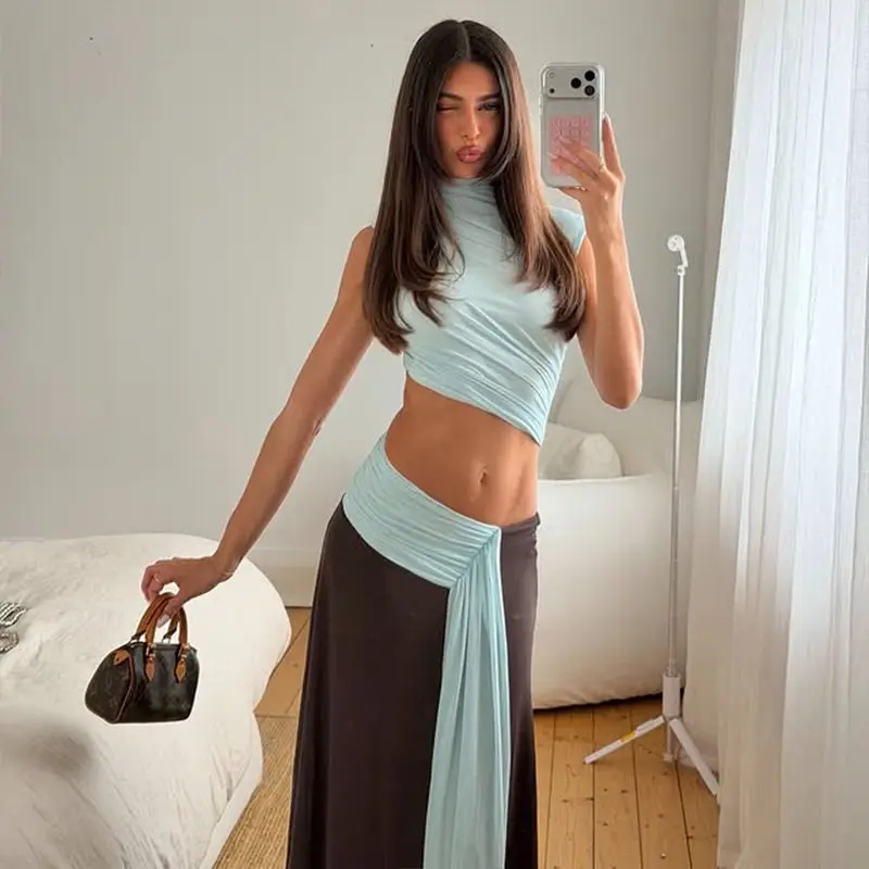 

Women's Two Tone Ruched Crop Top and Maxi Skirt Set High Neck Sleeveless Bodycon Co-Ord Casual Summer Chic Streetwear Outfit