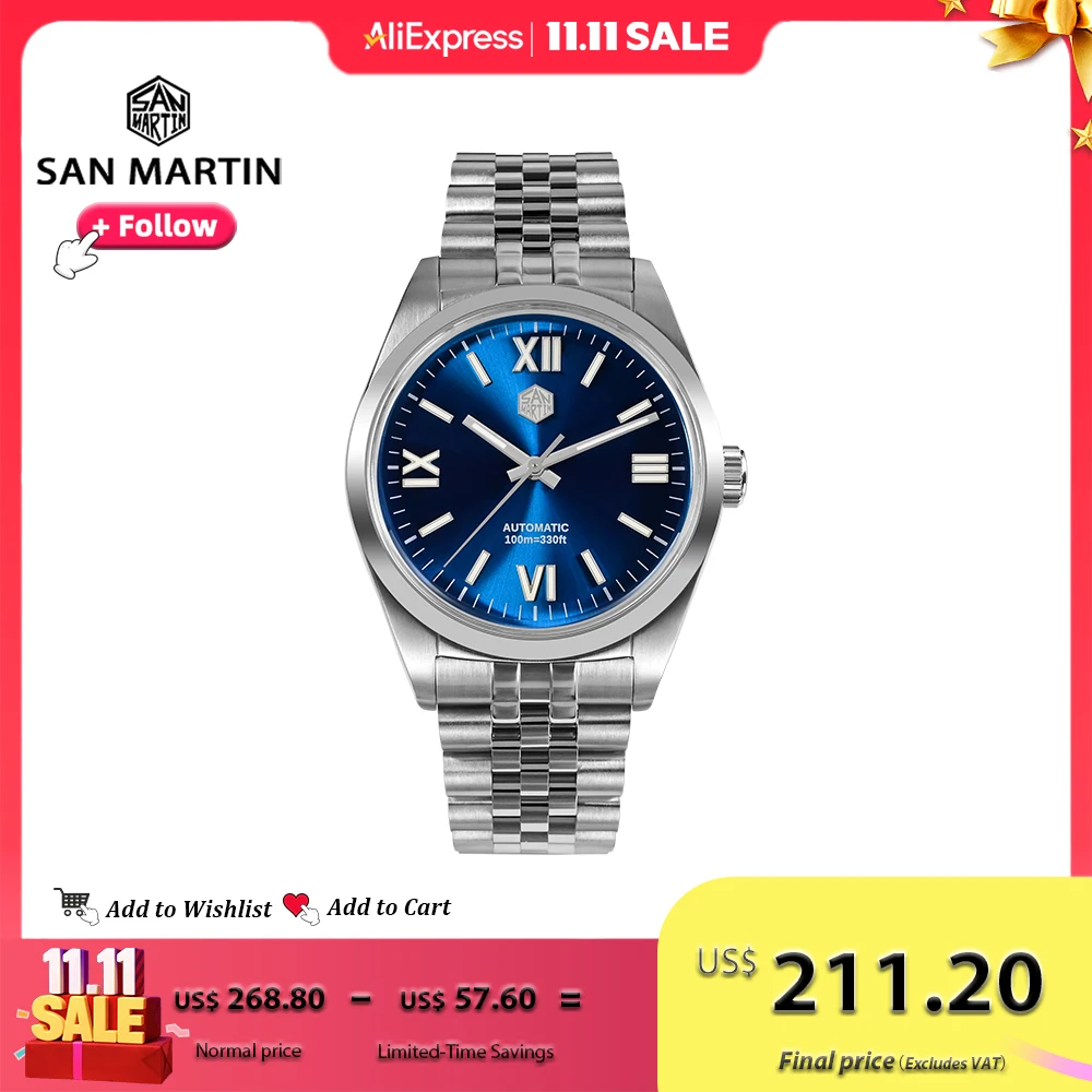 

San Martin 39mm Men Dress Automatic Mechanical Watch Steel YN55 Roman Numeral Sunray Dial Business Watches Sapphire 10Bar SN0050