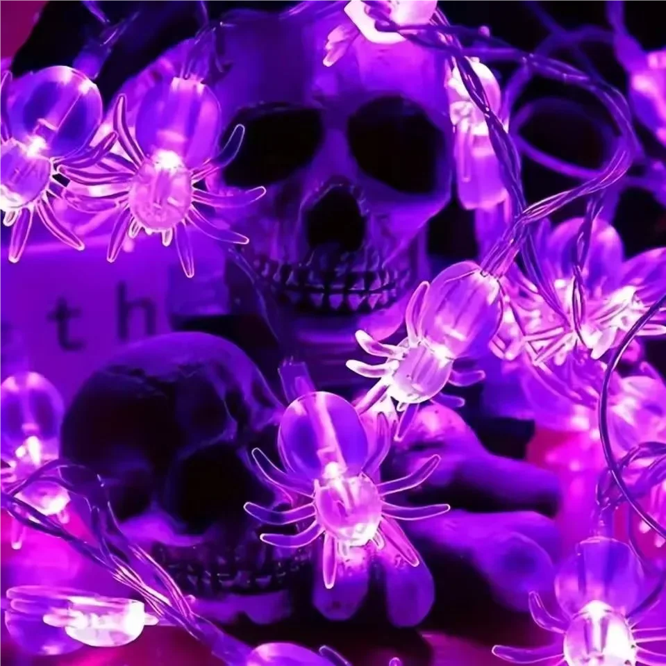 Halloween Spider String Lights, Purple LED Battery Operated, for Indoor Room Bar Haunted House Spooky Theme Party Decorations