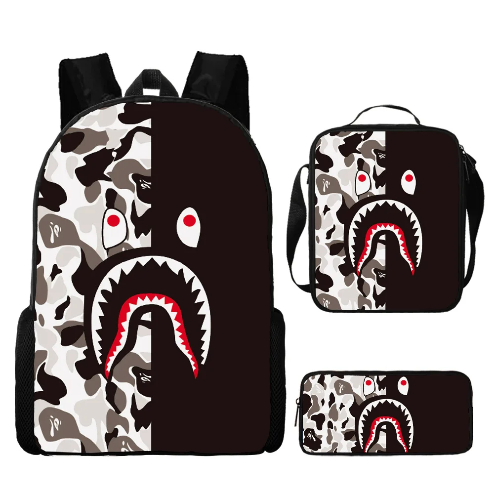 Camo Colored Shark Schoolbag Backpack Lunch Bag Pencil Case Set Gift for Kids Students