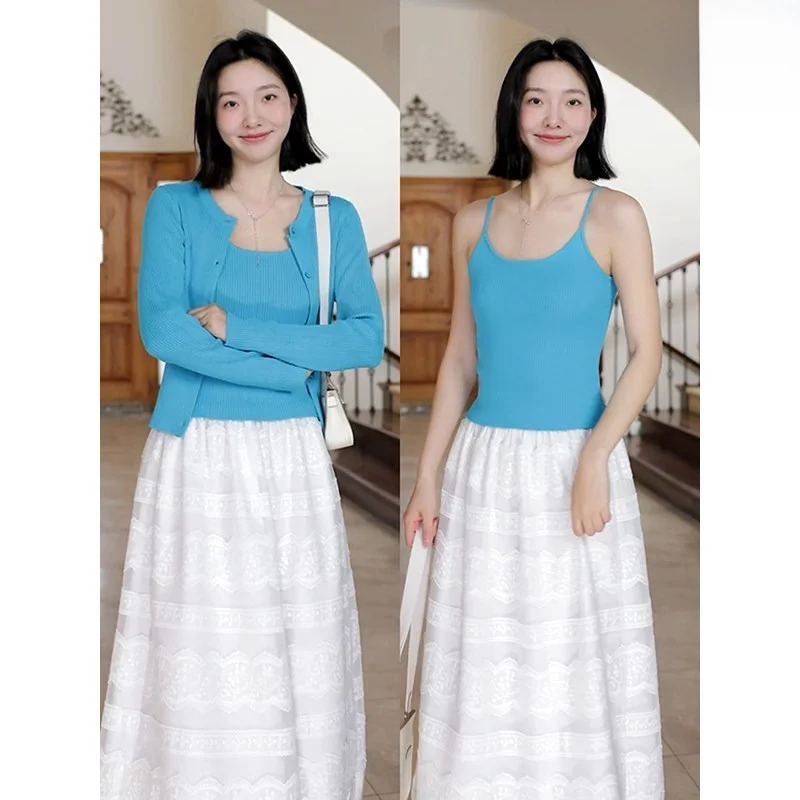 

Новый комплект из двух предметов: укороченный вязаный кардиган и юбка с рюшами, весна-лето, полиэстер, производство Китай