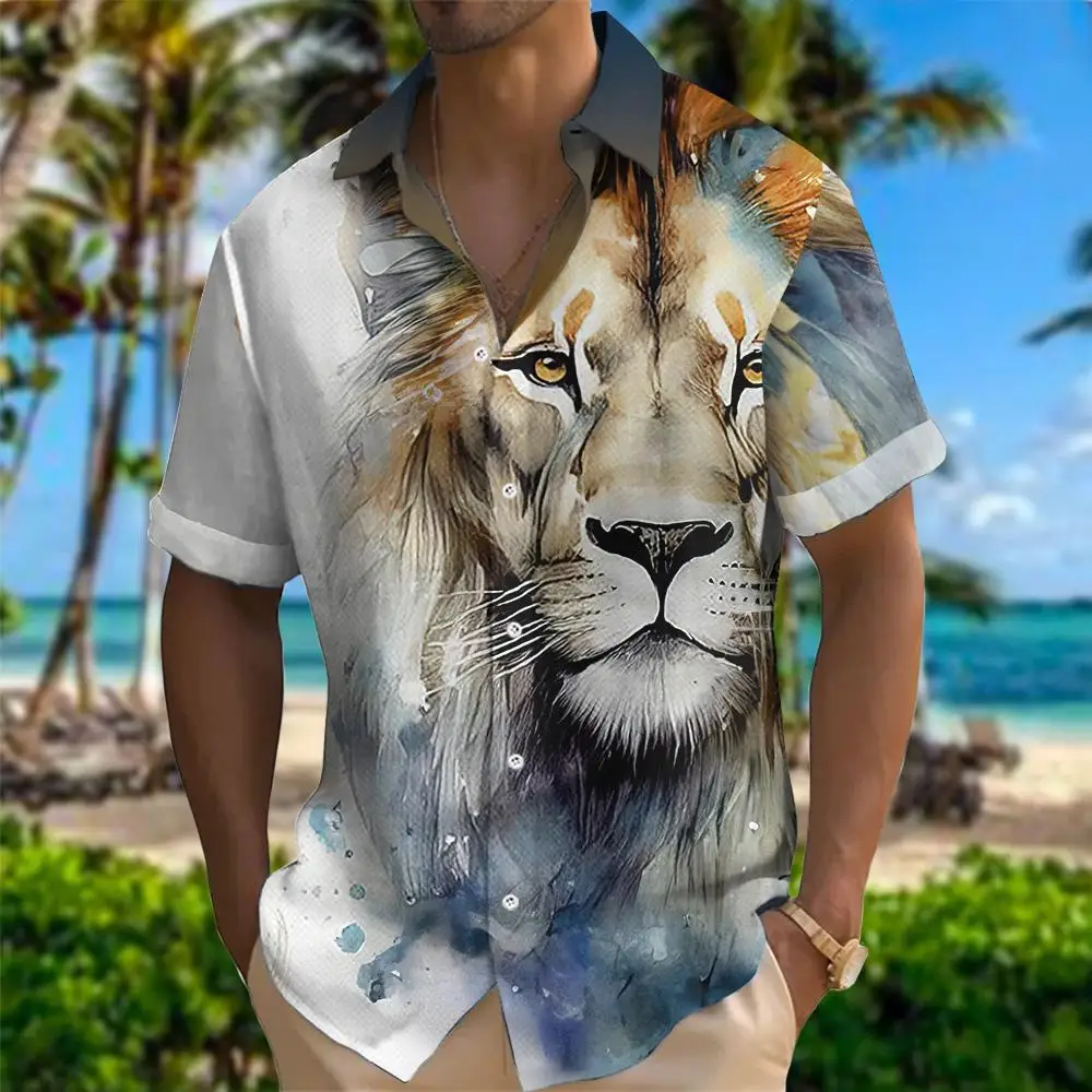 Lion Men'S Shirts Colorful Fashion Animal 3d Print Hawaiian Shirt Daily Caucal Men Summer Hip Hop Clothing