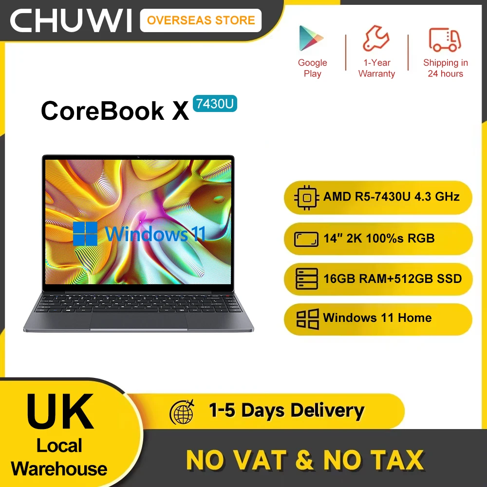 CHUWI CoreBook X AMD R5 Windows 11 Laptop 14-inch Gaming Computer 2K Display 65W Fast Charge 16GB LPDDR5 512GB SSD Portable PC