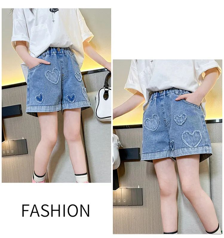 Mädchen-Shorts mit Herzmuster, hohe Taille, Sommer-Sonderangebote, Teenager-Kinder-Mode-Jeans, kurze Hosen für Kinder, Kleidung für 5-14 Jahre – Detail 4