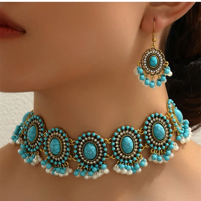 Vintage Jewelry Set Ethnic Inlaid Turquoise Stone Match Daily Outfits Party Accessories Women\'s Necklace Earrings Sets