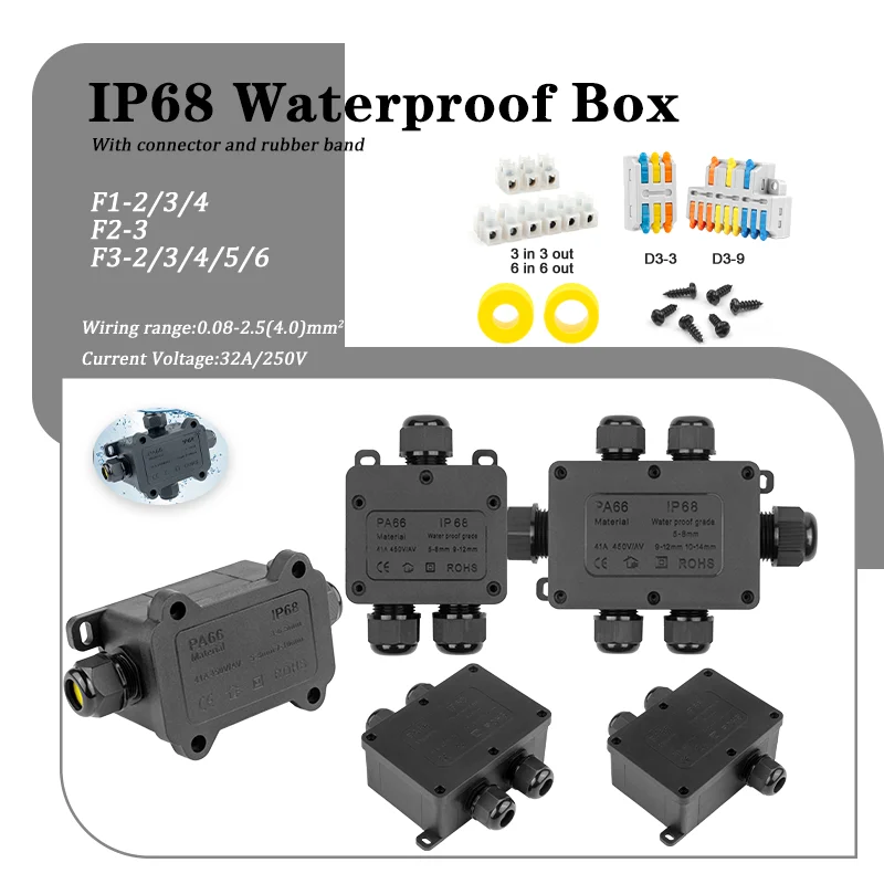 

F1 F2 F3 IP68 Outdoor Waterproof Junction Box Wire And Cable Connector Terminal Rain Proof Boxs For Wiring Accessories 32A 250V