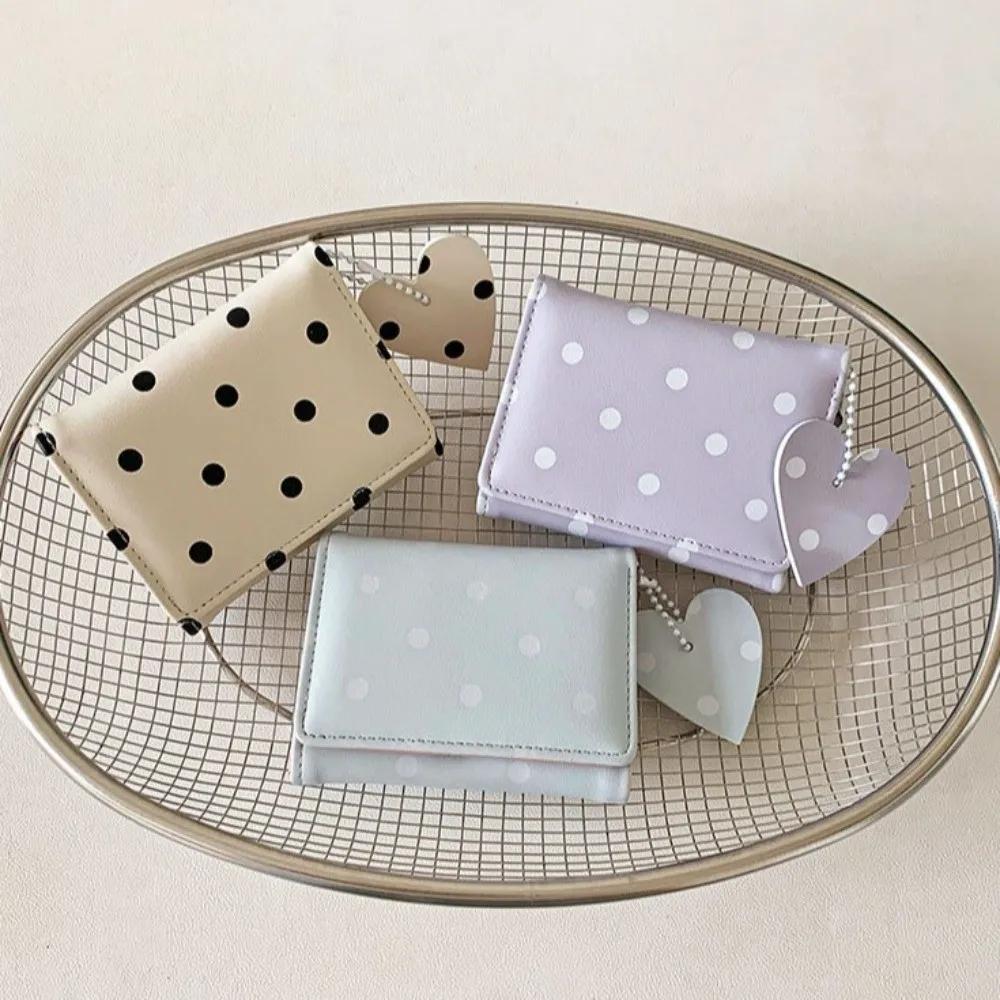 Cute Sweet Trifold Polka Dot Wallet Heart Pendant Multi-card Slot PU Card Holder Lightweight Portable Coin Purse Women
