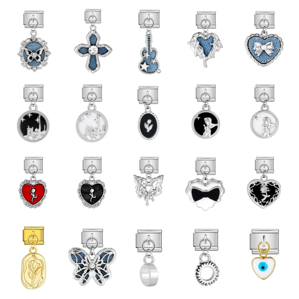 Modischer Elastischer Charm-Anhänger Kreuz Violine Schmetterling Rose Herz Italienische Verbindung Passend für 9mm Edelstahl Schmuckherstellung Armband DIY – Detail 1