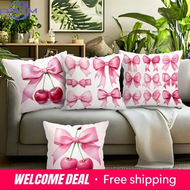 Home Decor Cherry & Bowknot Pattern Decorative Pillowcase Pattern Cushion Cover Suitable For Sofa Bedroom Car Pillow Cover