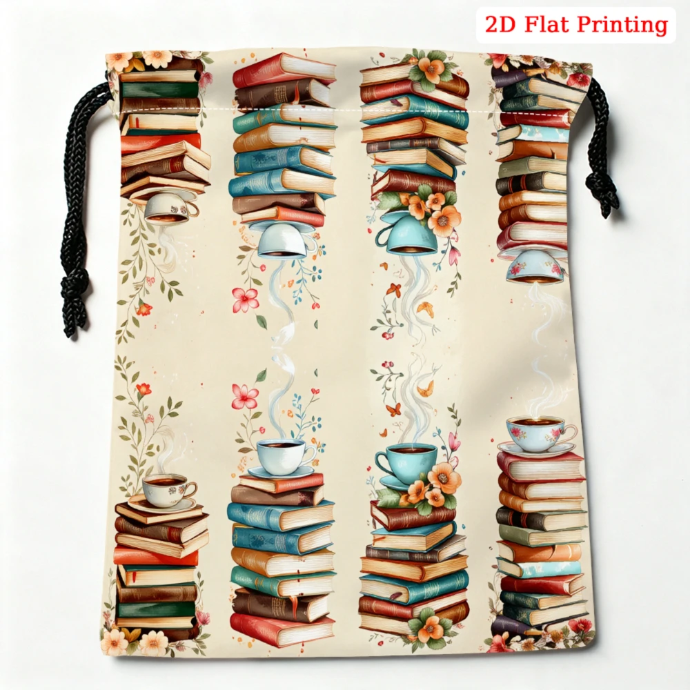 1Pc Vintage Book Stack Print Drawstring Bag White Floral Pattern Storage Small Pouch For Glasses Cosmetics Travel Organizer Port