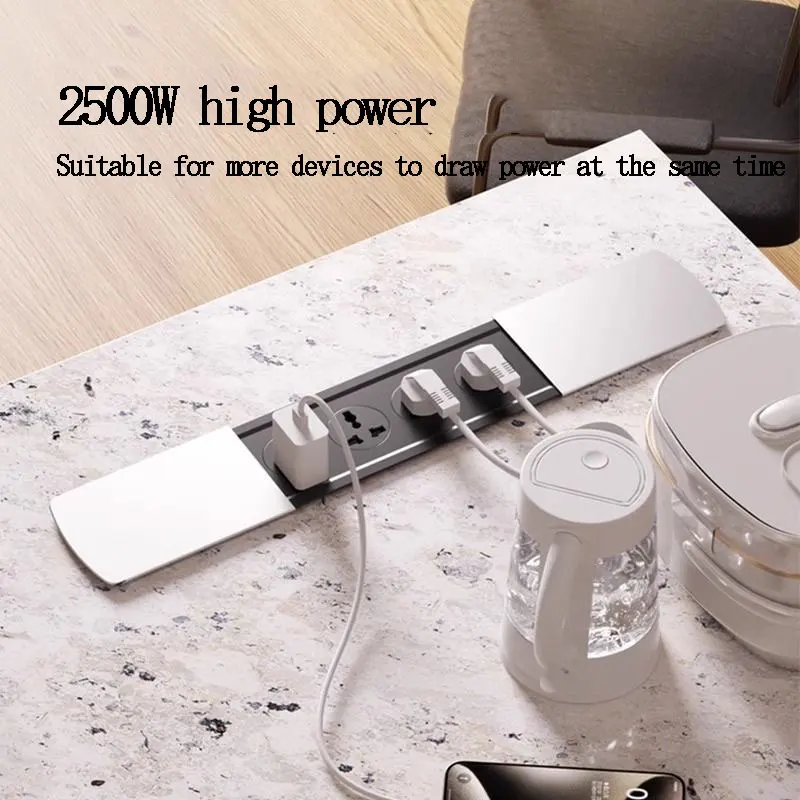 UK US Desktop Embedded Power Strip, Universal Office Desk Sliding Cover Embedded 4-Port Socket With USB Type-c Charging Socket