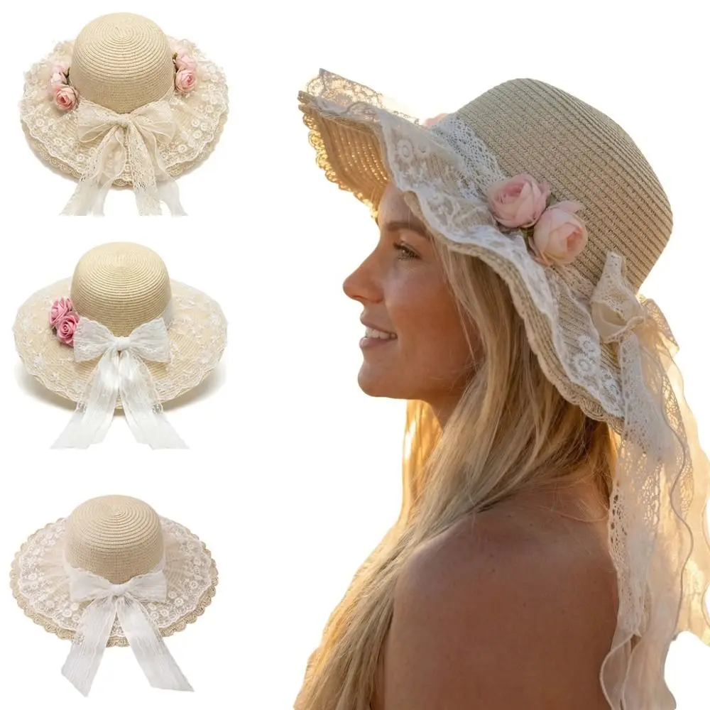 Fashion Lace Bow Sun Hat Breathable Straw Adjustable Beach Hat Lace Ruffle Fisherman Cap Sun Protection