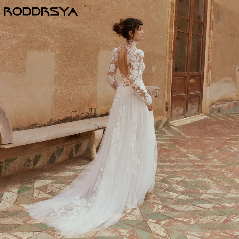 RODRSYA Musulmano Maniche Lunghe Pizzo Abiti Da Sposa Collo Alto Backless AppliRODDRSYA abiti da sposa in pizzo a maniche lunghe musulmani collo alto Backless Applique a-line Tulle abiti da sposa Vintage Robe De Mariée