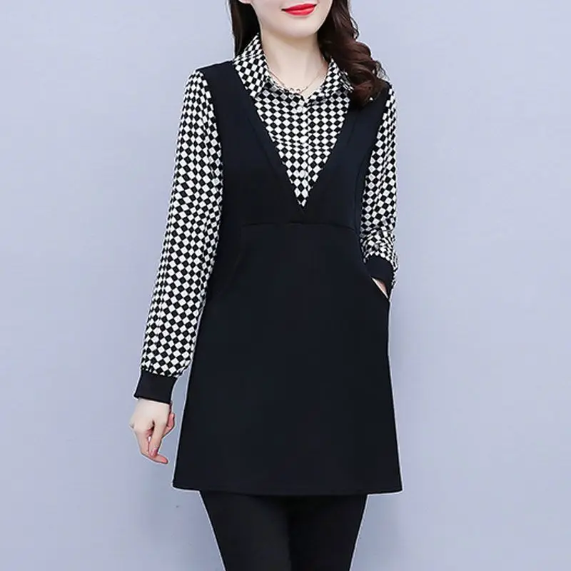 New Women\'s Clothing Shirt Polo-Neck Long Sleeve Office Lady Commuter Fake Two Pieces Elegant Plaid Striped Button Pullovers