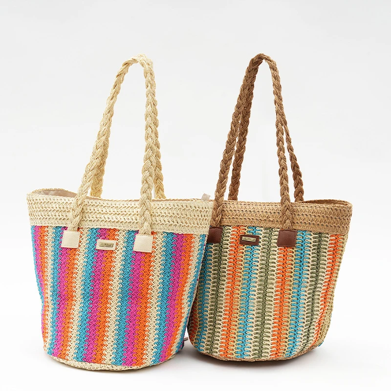 

Women's Straw Bag Connector Trend Bucket Straw Bag Paper Rope Handmade Woven Bag Travel Versatile Bag