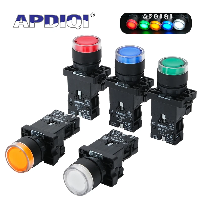 APDIQI 1Pcs XB2 EW33B1 Plastic Illuminated Push Button Momentary Switch NC Voltage 220V 24V Flat Head Start Power Reset 22MM