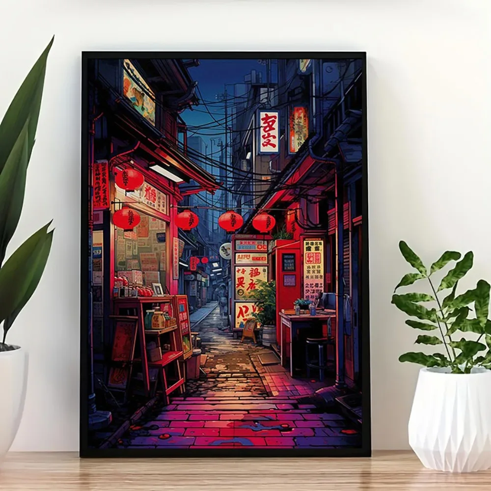 1pc frameless Canvas Painting 1 Frameless Japanese Style Night View Poster of Urban Alleys, Tokyo Street Art Prints, Perfect Cre