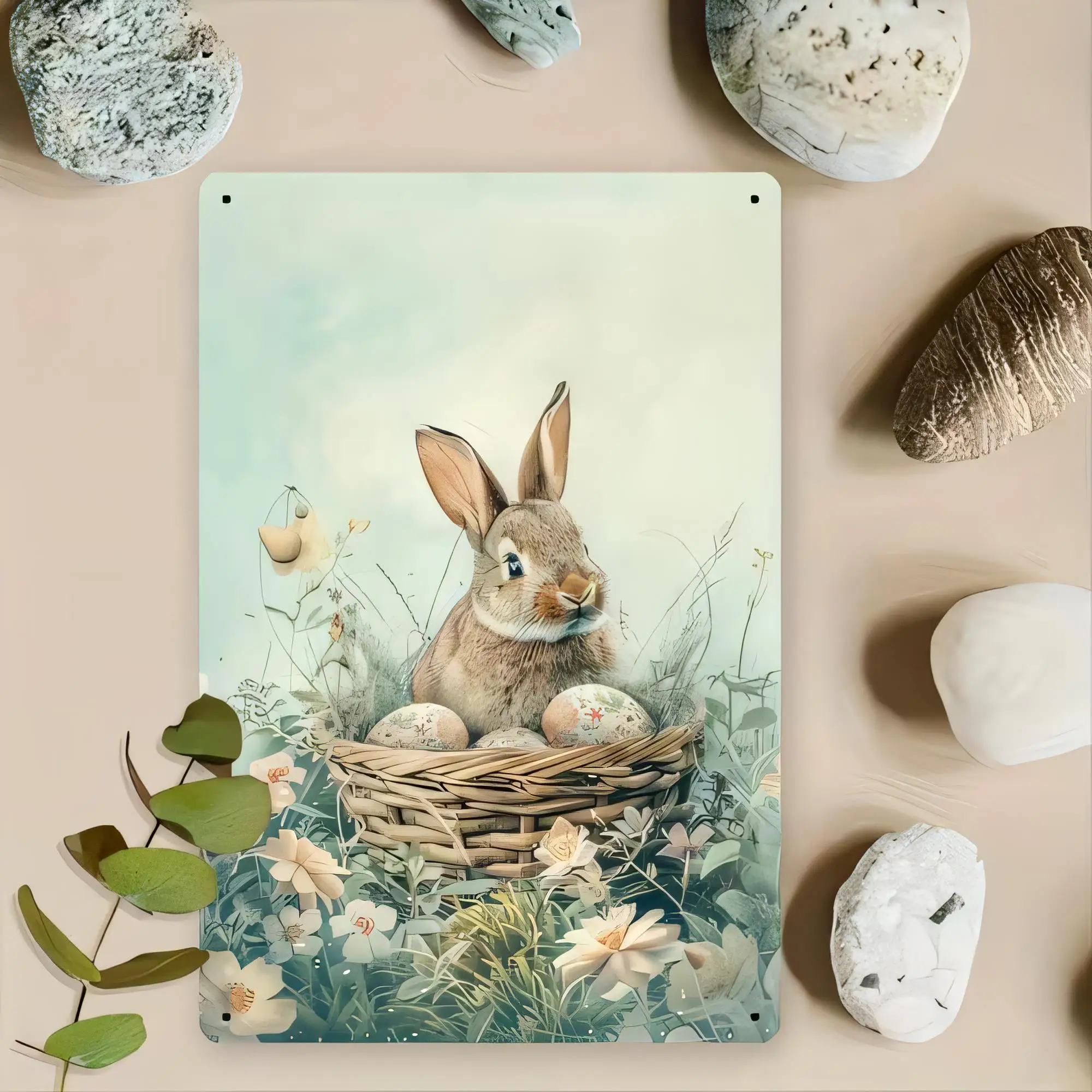 Tin Sign Spring Easter Bunny in Basket with Eggs Vintage Farmhouse Metal Wall Decor Plaque for Living Room Bedroom Hallway Kitch