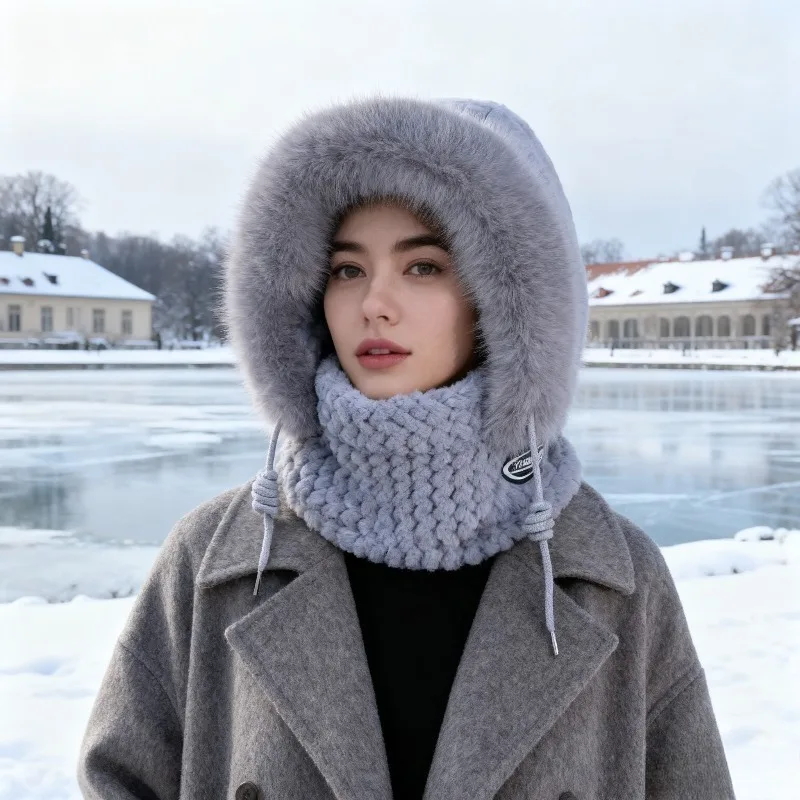 الخريف الشتاء النساء الحرارية أفخم هود قبعة وشاح قناع يندبروف حماية الأذن تصميم سميك لركوب الخيل في الهواء الطلق