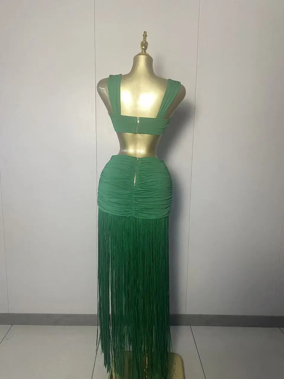 2025 New Women Sexy Strapless Tops Green Tassel Two Pieces Skirt Set Elegant Evening Club Party Outfits