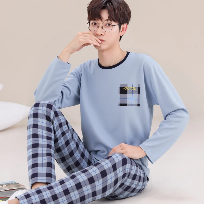 

Клетчатые брюки с длинными рукавами, топ для сна, мужской хлопковый пижамный комплект на осень и весну, большой размер L-5XL, пижамы, домашняя одежда для молодых мальчиков