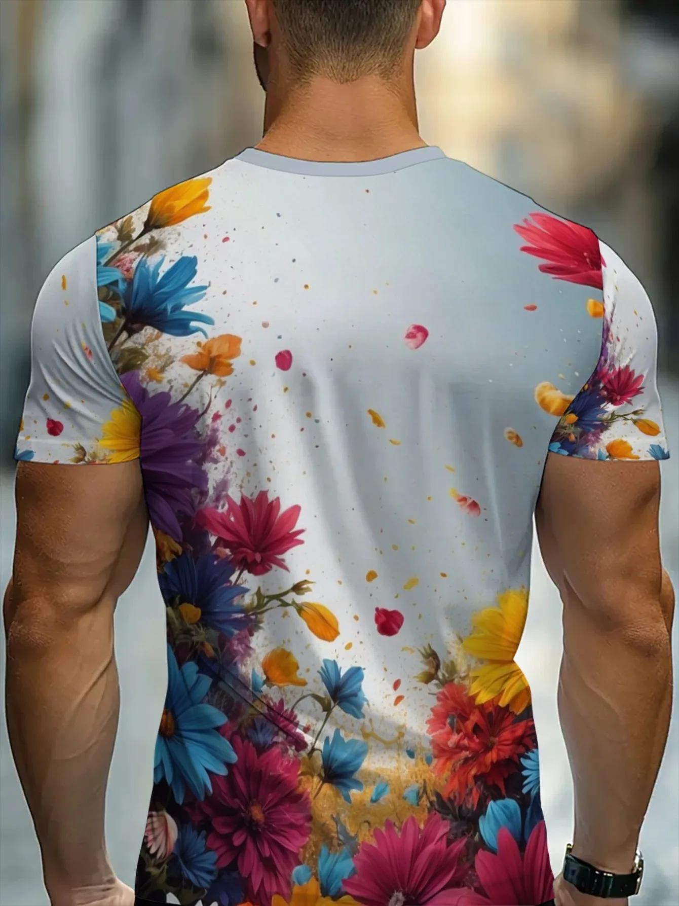 Men Light White Background Colorful Watercolor Daisy Floral 3D Print Crew Neck T Shirt Summer Short Sleeve Casual Tee