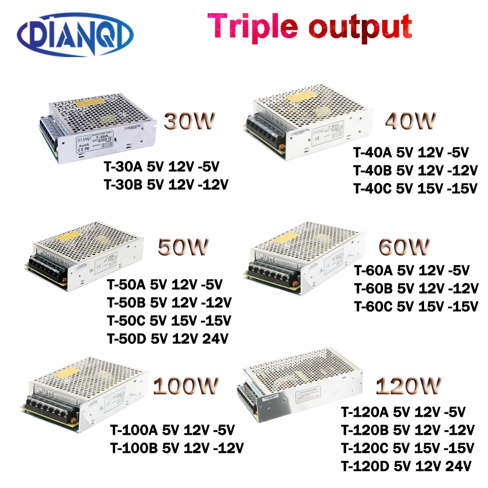 30W 40W 50W 60W 100W 120W ac dc converter Triple output power supply A 5V, 12V, -5V / B 5V, 12V, -12V power suply