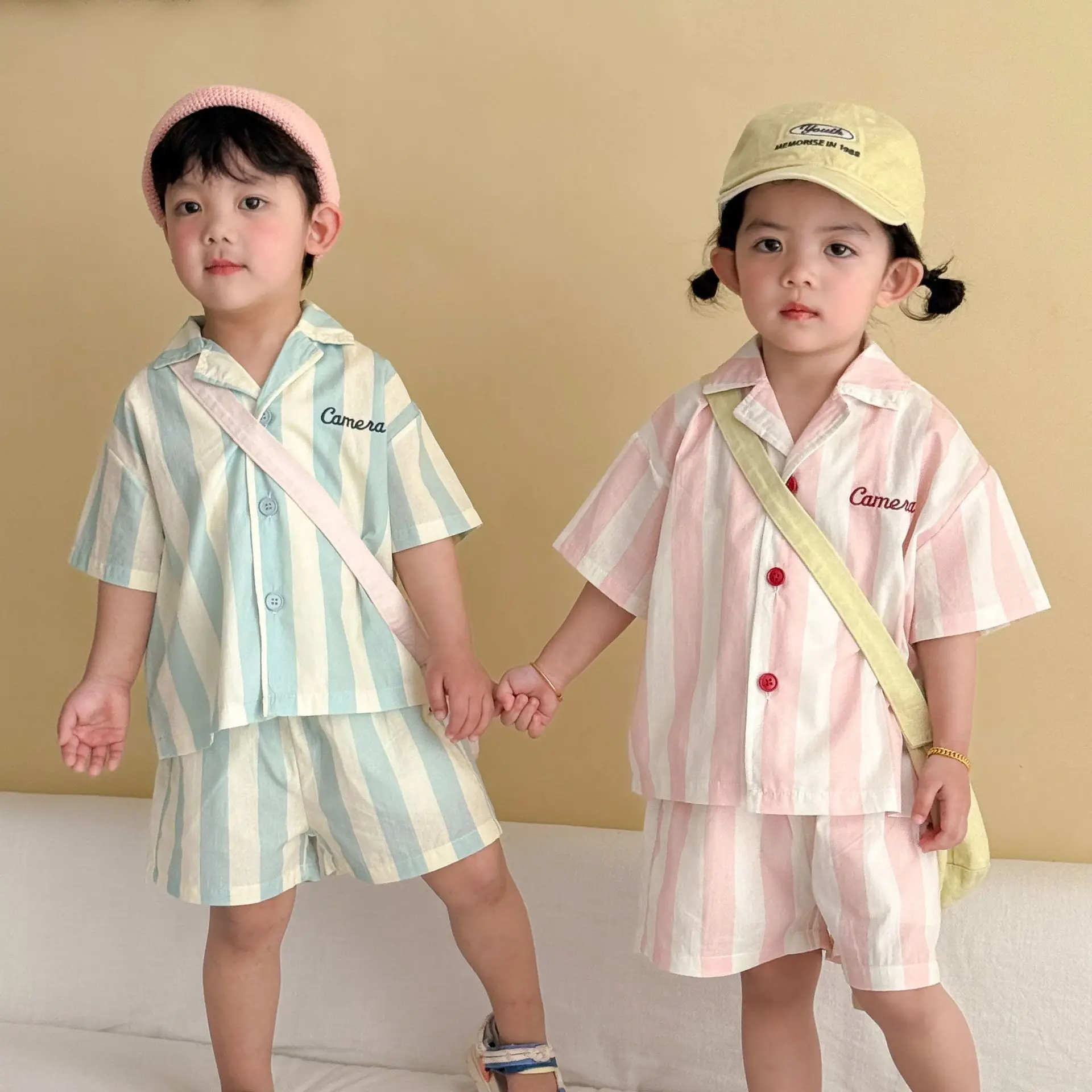 2026 Summer New Children Short Sleeve Pajamas Two-piece Set Boys Girls Lapel Shirts + Shorts 2pcs Suit Toddler Homewear Outfits