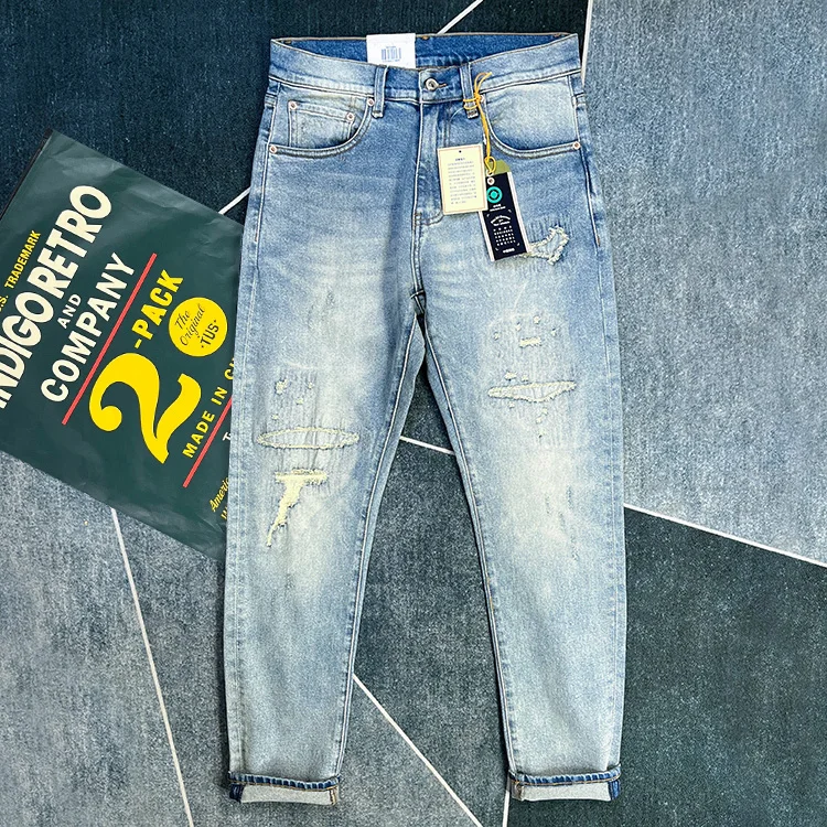 

100% Pure Cotton Distressed Denim Jeans for Men - American Casual Regular Straight Fit Vintage Light Blue Washed Retro Pants