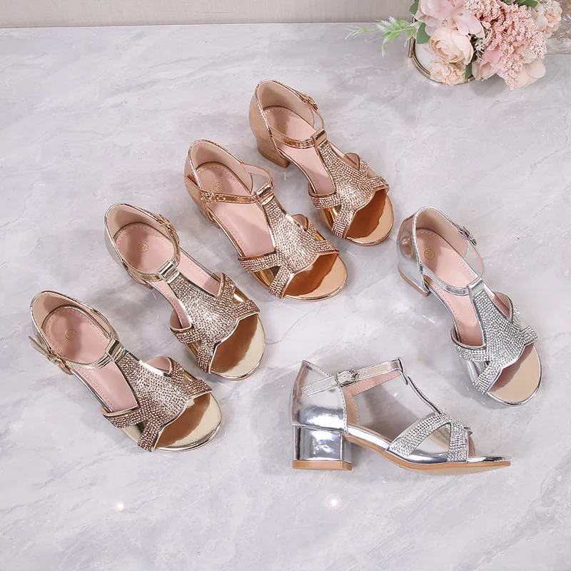Summer Girls Sandals Fashion Shiny Rhinestone Children Soft-soled Shoes Waterproof Kids Princess Dress Party Crystal High Heels