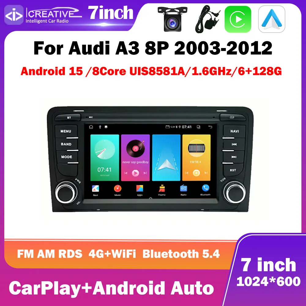 Автомобильная магнитола на Android 15 для Audi A3 8P 2003-2012, 7 дюймов, 1024*600, Carplay, Auto, мультимедиа, стерео, GPS-навигация, интеллектуальная, 8-ядерная, IPS, HU, 4G.