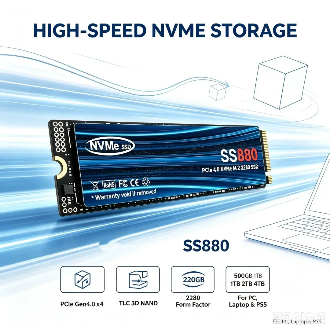 High-Speed SS880 NVMe M.2 SSD,PCIe4.0 X4 TLC 3D NAND 2280,500GB-4TB Gaming Solid Disk for PS5 PC & Laptop