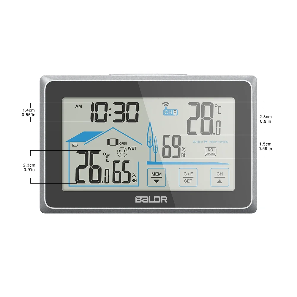 Indoor Outdoor Humidity and Temperature Monitor Weather Thermometer Clock with Backlight LCD Display Wireless Weather Station