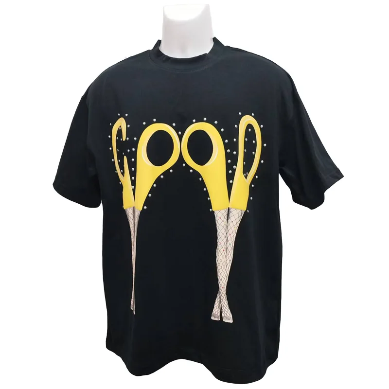 

Charming Scissor Leg Print Short Sleeve T-Shirt Loose Vintage Couple Half Sleeve American High Street Crew Neck T-Shirt