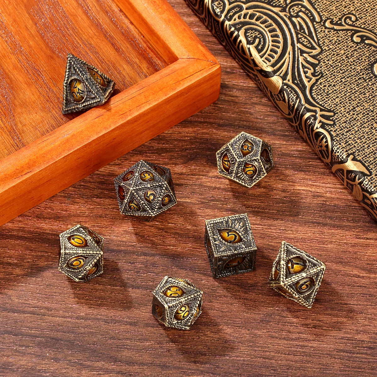 7Pcs Retro Bronze Metal Polyhe - Dice Set Polyhedral 评论和价格