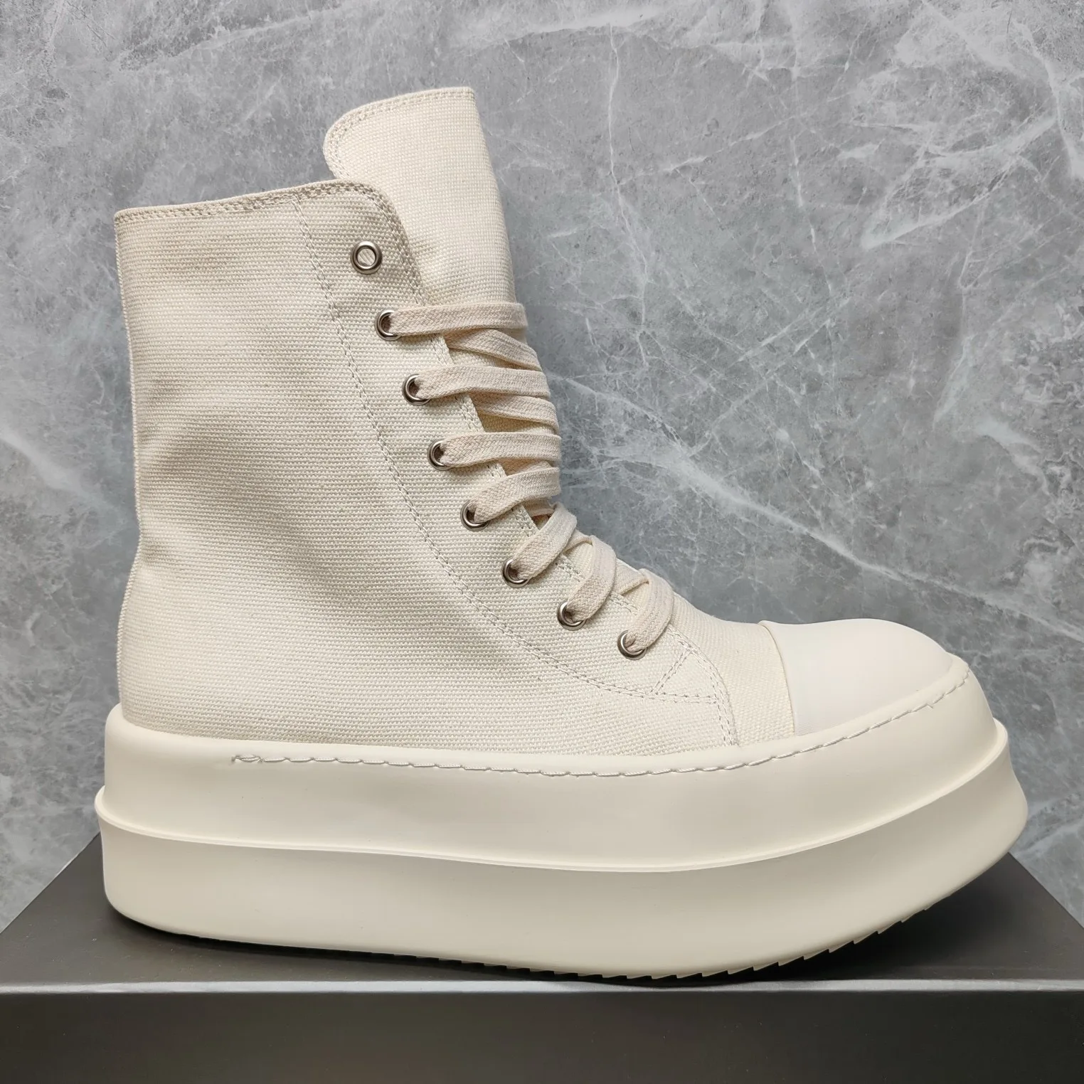 Round Owens beige canvas high-top boots Joker increased thick soled casual shoes first layer cowhide Harajuku style couple shoes