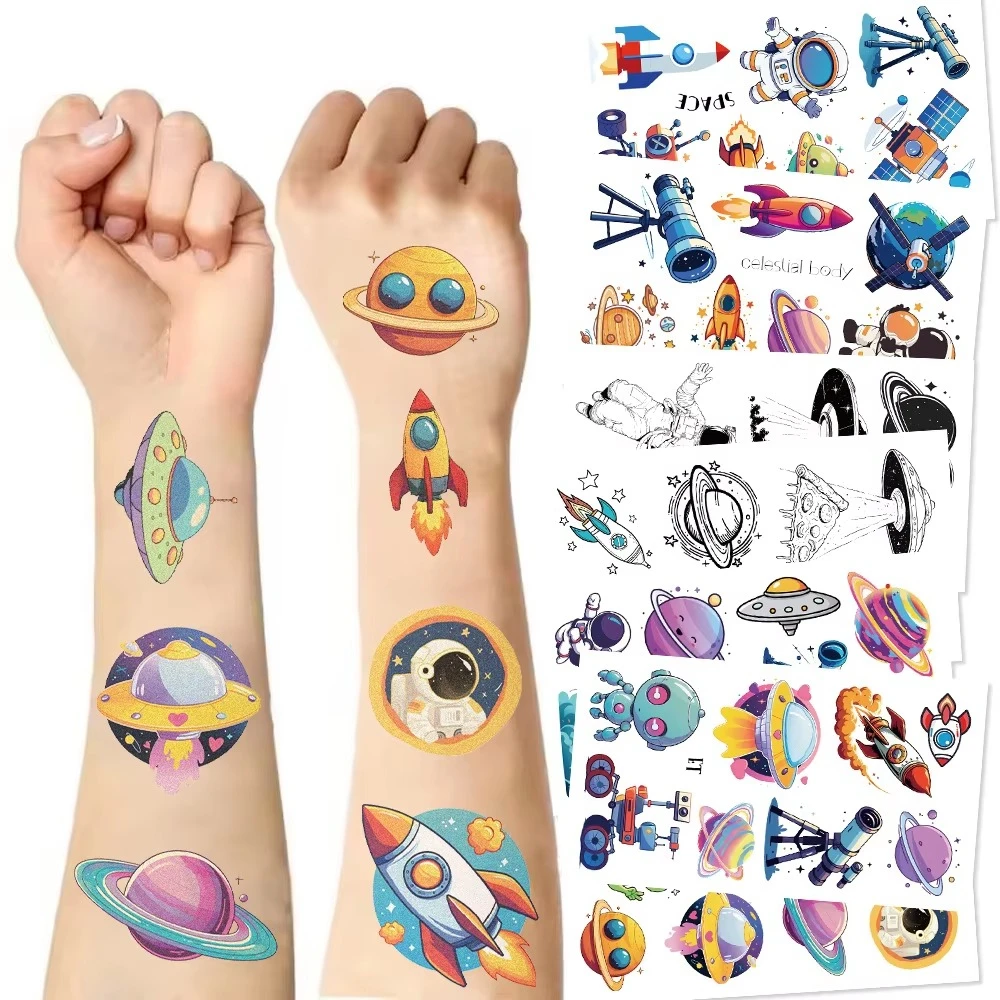 10Pcs Waterproof Space Astronaut Temporary Tattoos, Funny Face Tattoo Stickers for Space Theme Party Favors