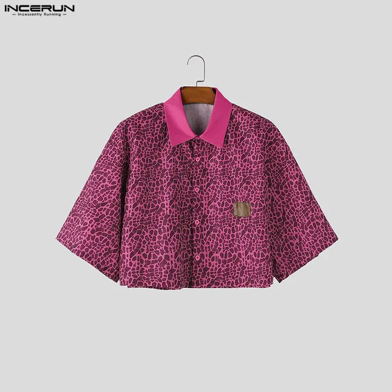 

INCERUN Men's Crop Shirts Leopard Printing Patchwork Lapel Half Sleeve Tops Men Clothes Streetwear Loose Fashion Shirt For Man