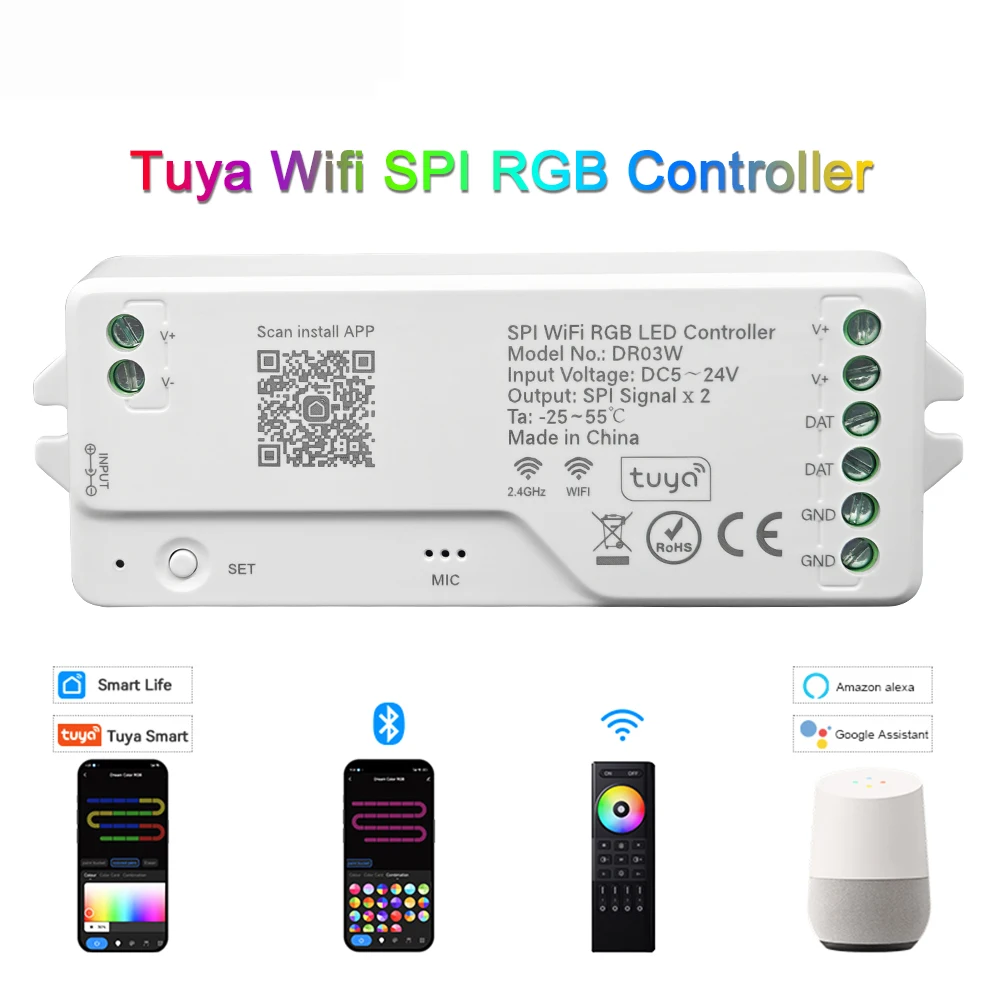 

Tuya Wifi SPI RGB Controller DR03W For WS2812B WS2811 Addressable LED Strip Support Alexa Google Assistant Yandex Voice Control